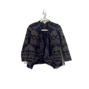 Womens Southwestern Jacket L Brown Open Front Geometric Print Tribal Aztec